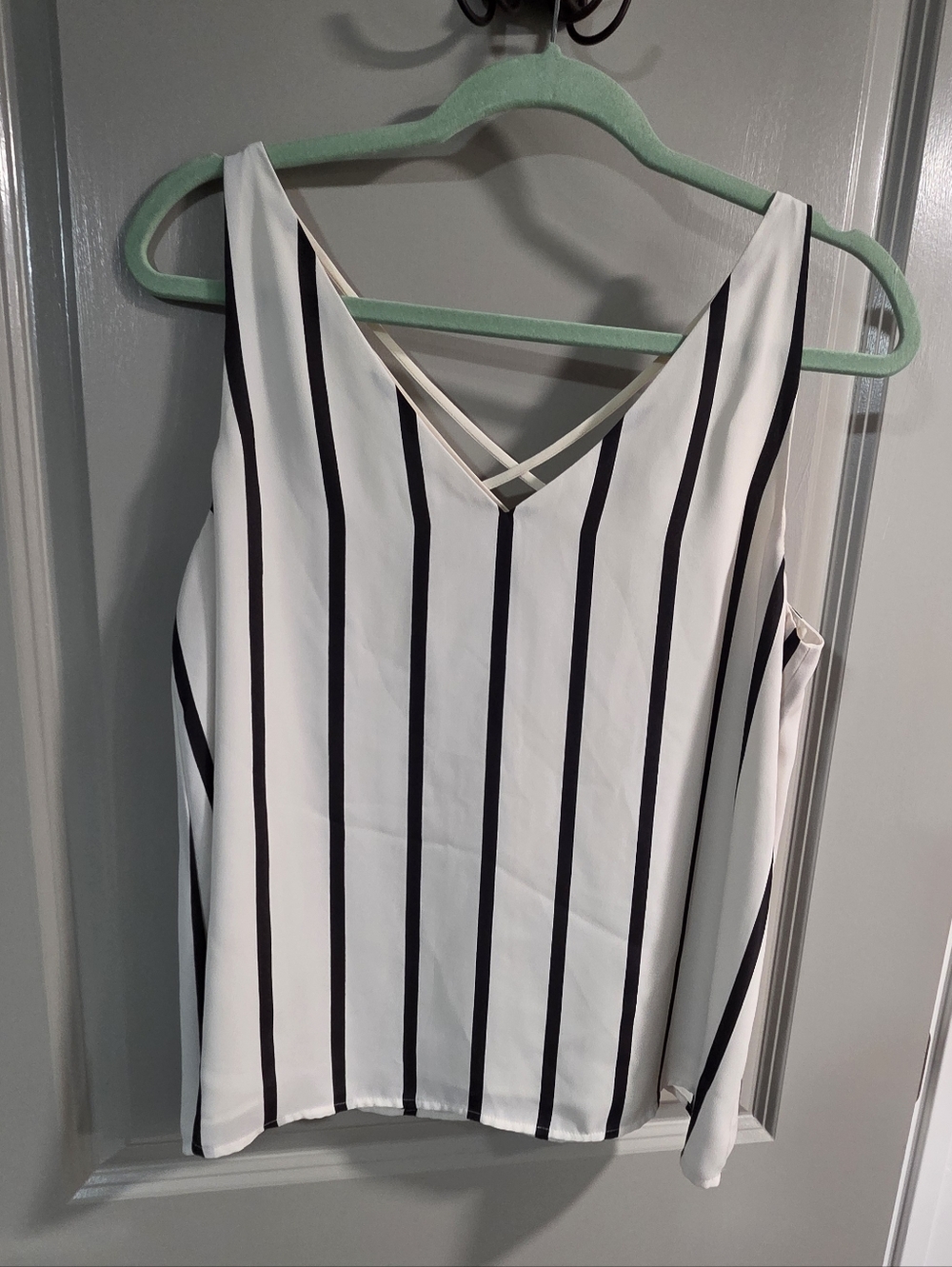 Express White V-Neck Tank with Black Vertical Stripes